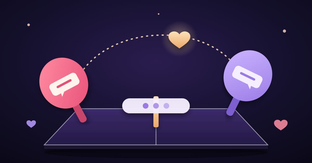 Deux raquettes de ping-pong rose et lavande ornées de bulles de message se renvoient un cœur doré au-dessus d'un filet en forme de points de saisie