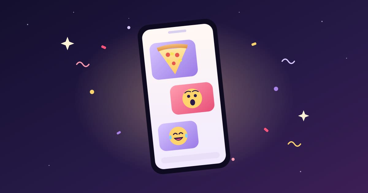 Smartphone affichant une part de pizza à l'ananas, un émoji faussement choqué et un émoji qui rit aux larmes, entouré de confettis sur un ciel nocturne