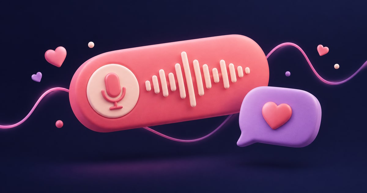 Pink voice-message pill with a microphone and waveform beside a lavender reply bubble
