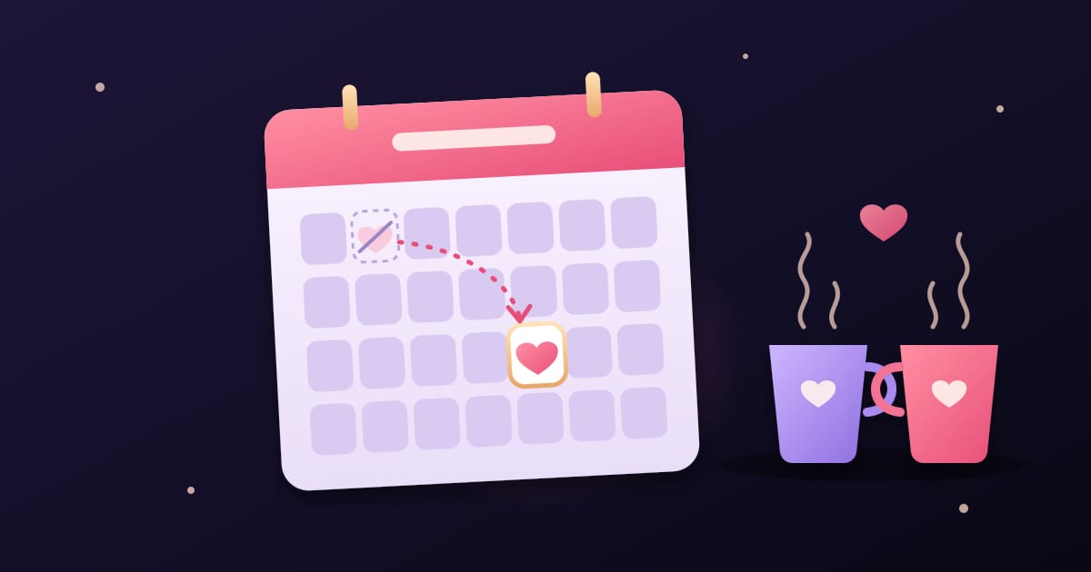 Calendrier rose où une flèche déplace un cœur d'une date barrée vers un nouveau jour, près de deux tasses de café