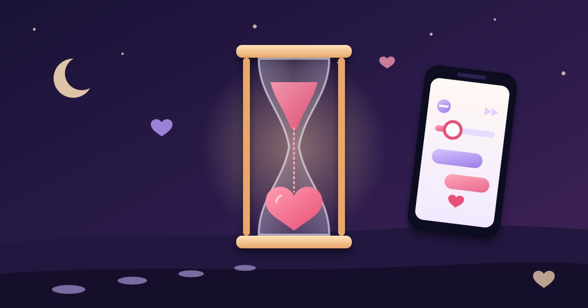 Sablier doré dont le sable rose forme un cœur, à côté d'un smartphone affichant un curseur de rythme réglé sur lent, sous un ciel nocturne