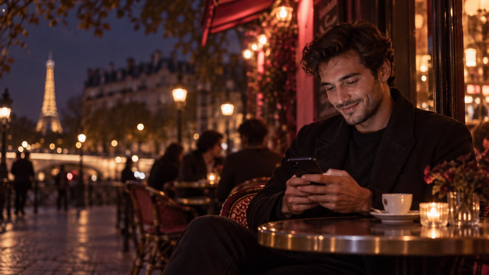 Un homme écrit avec naturel à une femme depuis un café parisien