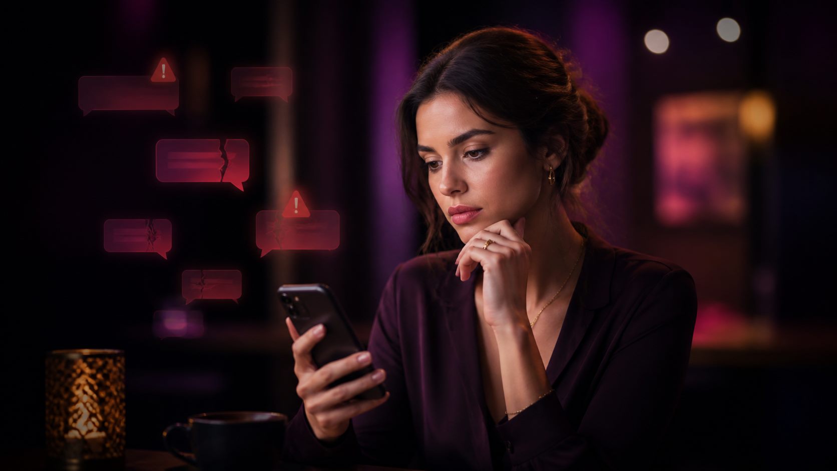Une personne réfléchit devant son téléphone dans un café, entourée de signaux d'alerte discrets